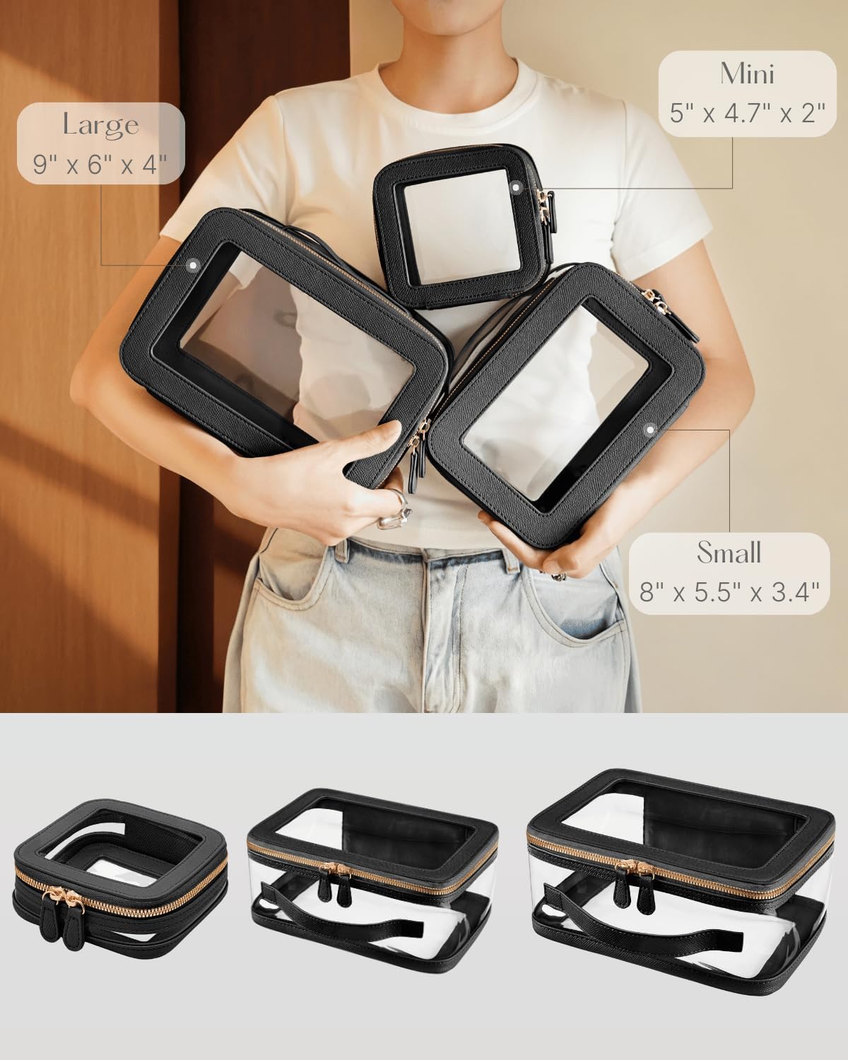 Clear Cosmetic Bag Set for Women Makeup Bag with Handle, 3 Pcs Travel Toiletry Bag Transparent Cosmetic Case Portable Make Up Organizer Bag for Essentials