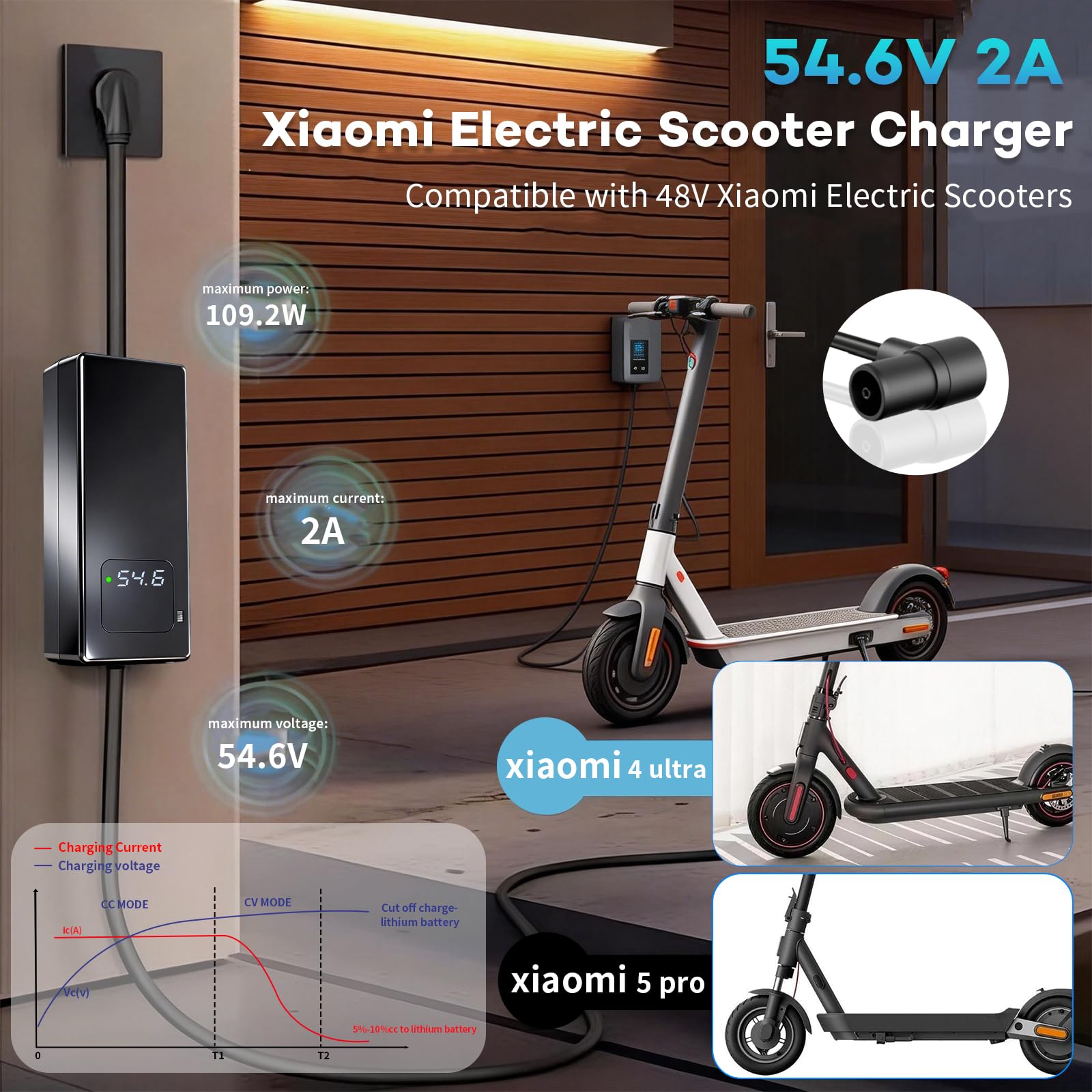 Cargador de 54,6 V 2 A para batería de iones de litio de 48 V con ventilador de refrigeración activo y pantalla de voltaje, compatible con Xiaomi Electric Scooter 4 Ultra, 4 Pro (2ª