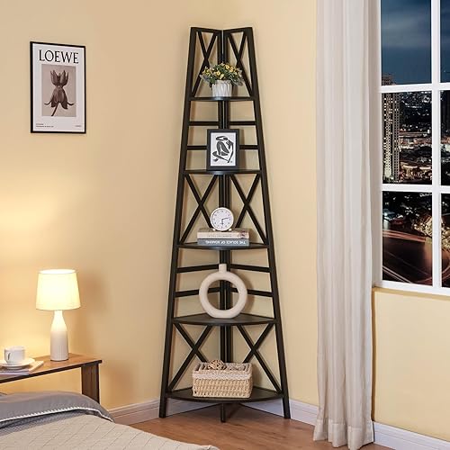 Miniatura 4 de HOMBAZAAR Estante esquinero, estantería de esquina independiente de 5 niveles, estante de escalera de esquina alto con marcos de metal, soporte de