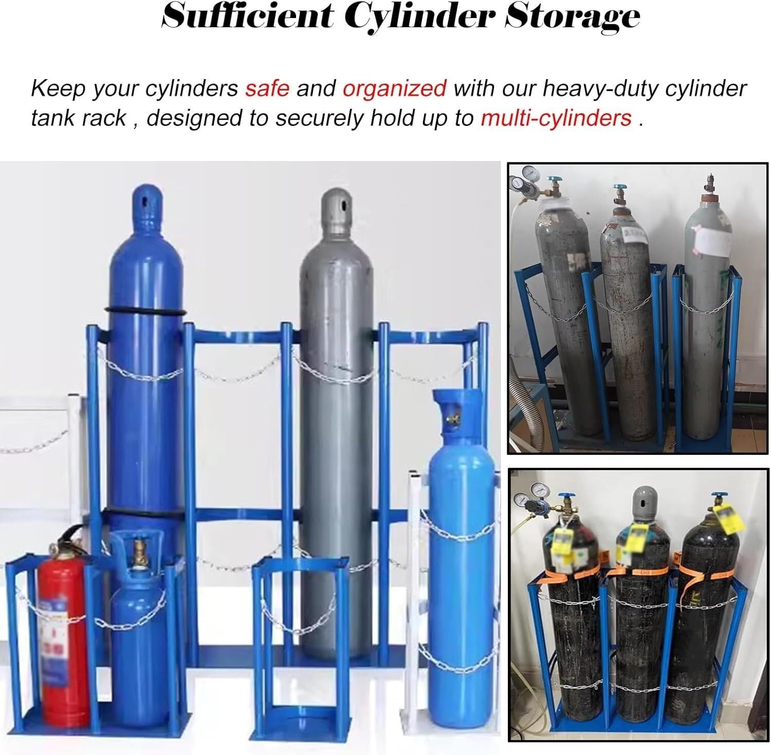 Soporte de alta resistencia para tanques de oxígeno con orificio de fijación y cadena galvanizada, soporte independiente para cilindros de gas, almacenamiento duradero de,1-Blue-15.4x11.8x31.5 in
