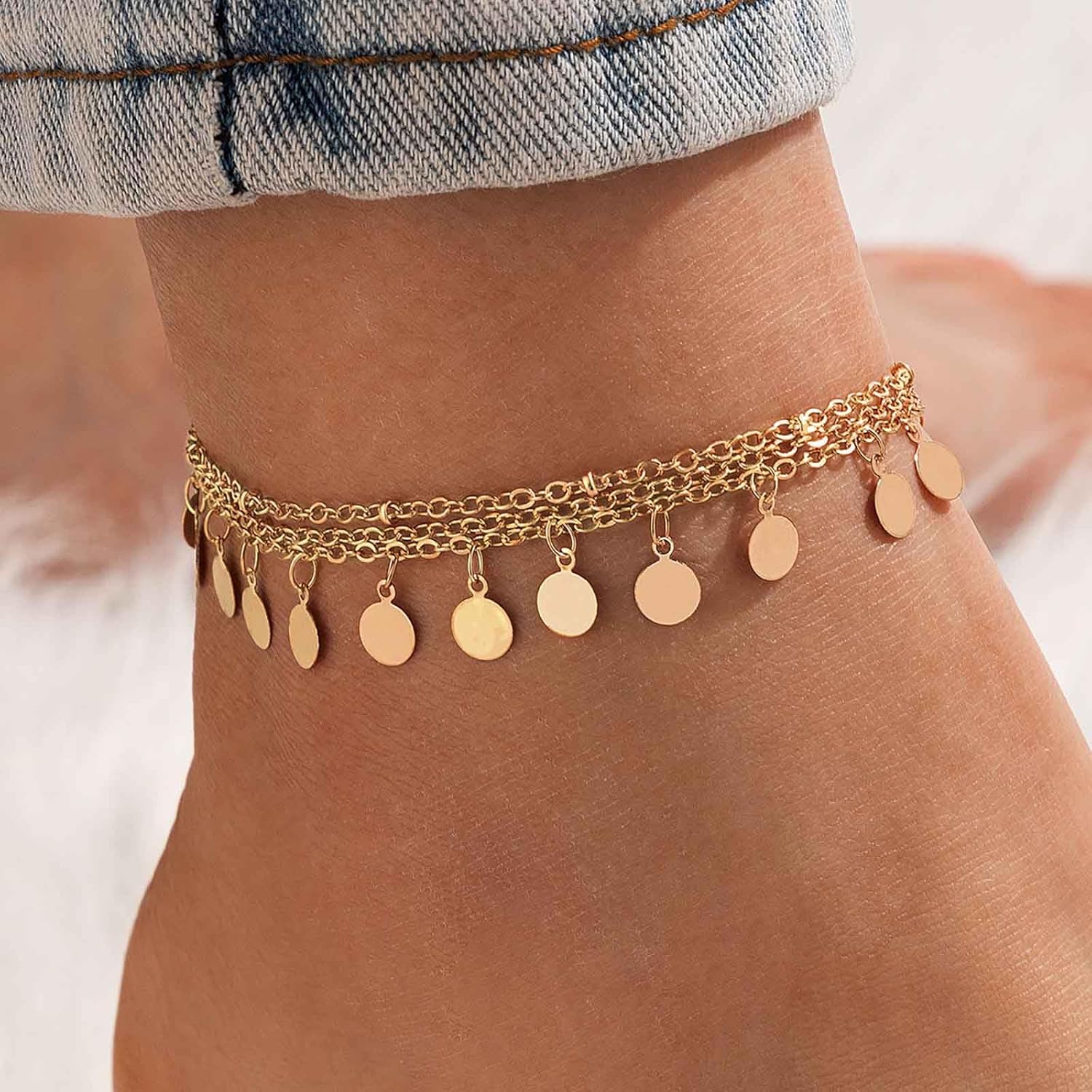 Bohemian Layered Coin Dangle Ankle Bracelet Gold Disc Ankle Chain Bracelet Layered Circle Disc Beach Anklet Chain Small Coin Foot Chain Anklet Summer Beach Foot Chain Jewelry for Women - Image 2