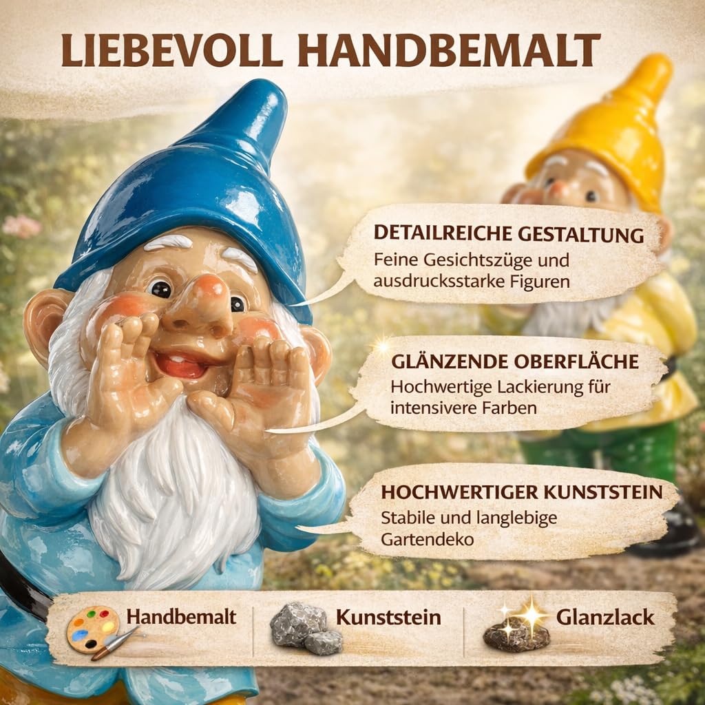 formano 2er Set Gartenzwerg Gartendeko Figuren handbemalt Kunststein 34 cm groß glänzende Oberfläche lustige Gartenfiguren für Garten Terrasse Balkon dekorative Zwerge Outdoor Deko