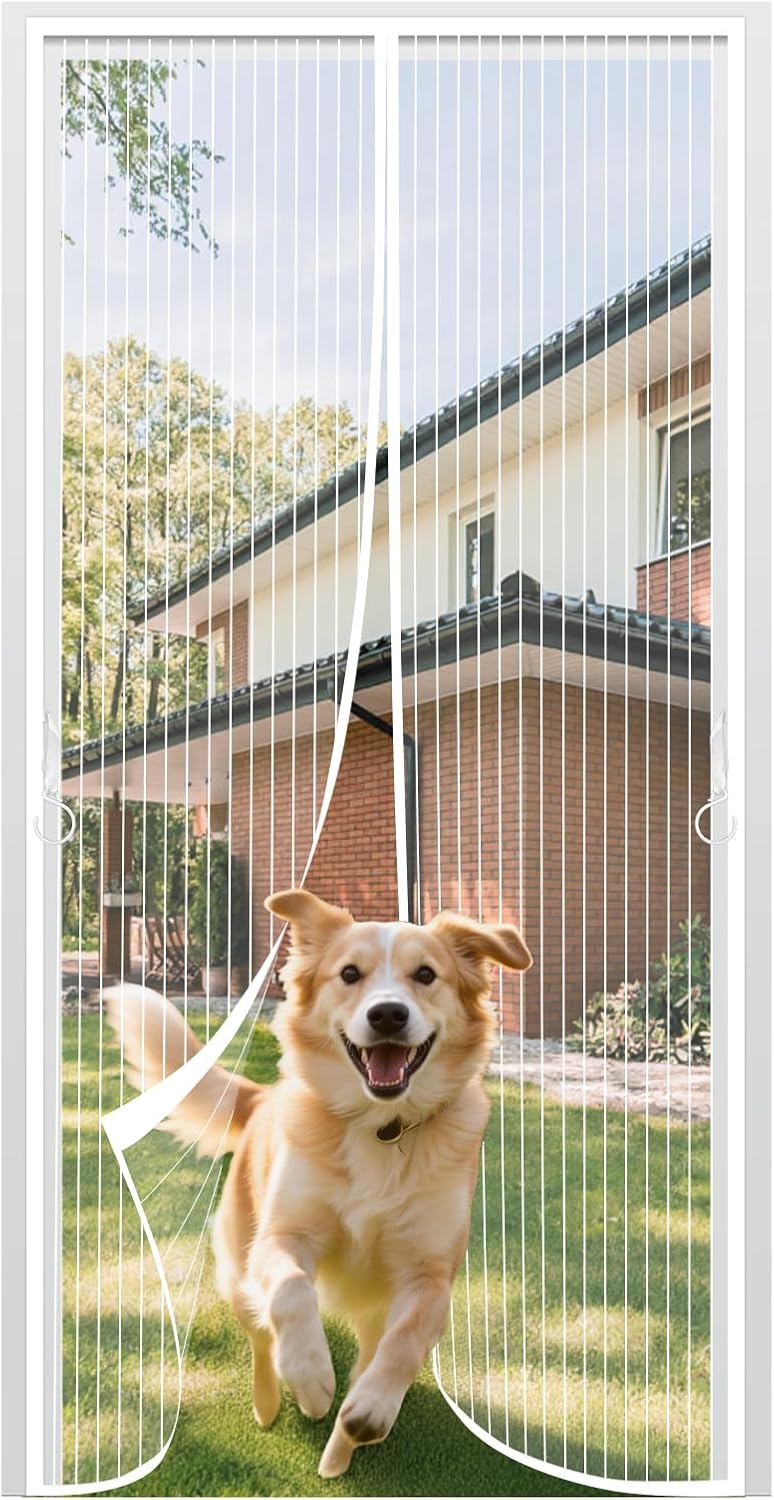 Magnetic Screen Door Fit Door Size 32×80in, Screen Itself Size 34x81in, Hands Free Self Sealing, Full Frame Magic Tape Mesh Screen Door with Magnets Heavy-Duty Mesh Curtain for Entry Door White