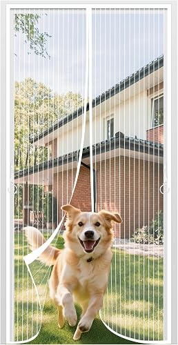 Magnetic Screen Door Fit Door Size 36×80 inch, Screen Itself Size:38"x81", Hands Free Self Sealing, Full Frame Magic Tape Mesh Screen Door with Magnets Heavy-Duty Mesh Curtain for Entry Door-White