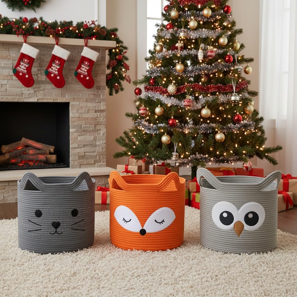 VK VK·LIVING Owl Storage Basket for Gift Foldable Cute Nursery Animal Toy Basket with Handles, Large Cotton Rope Baby Laundry Storage Organizer for Blanket Towels in Living Room Bedroom 15"Lx14"H - Image 2