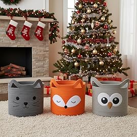 VK VKLIVING Large Basket for Organizing Cute Animal Storage Baskets Cat Toy Storage Woven Cotton Rope Hamper Organizer for Laundry, Towels, Blanket, Toys, Clothes, Gifts, Pet Bed 15\'\'x14\'\'