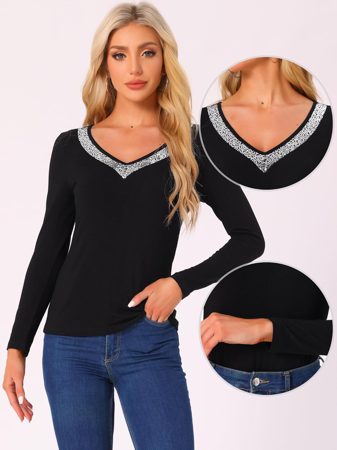 Allegra K Sequins Casual Blouse for Women's Long Sleeve V Neck Basic Holiday Blouse Shirt - Image 2