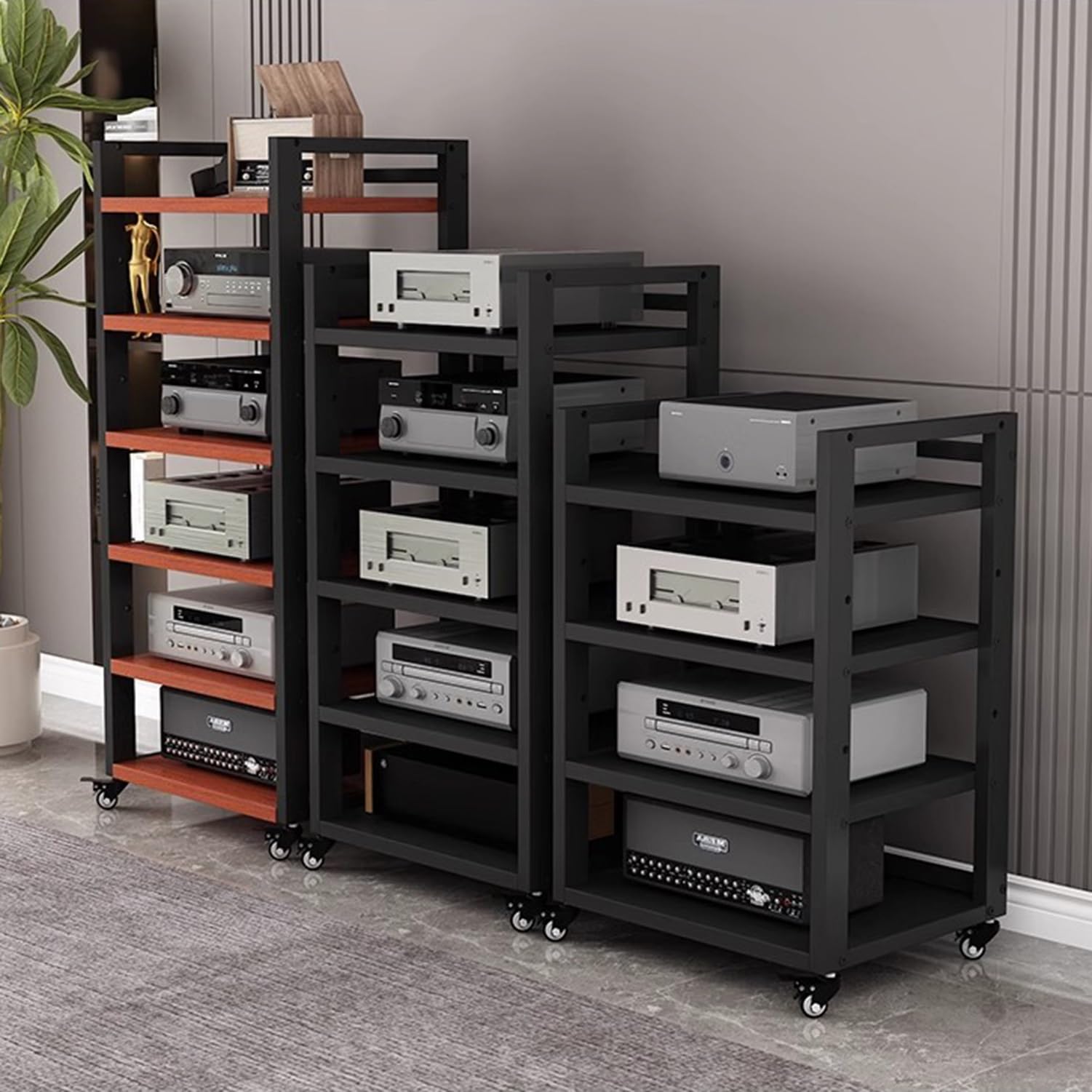 5-poziomowy stojak na sprzęt HiFi, stojak na gramofon z kółkami i regulowanymi półkami, wolnostojący, ruchomy stojak na sprzęt audio do sal gier, studiów nagraniowych (kolor tekowy, 50 x 40 x 120
