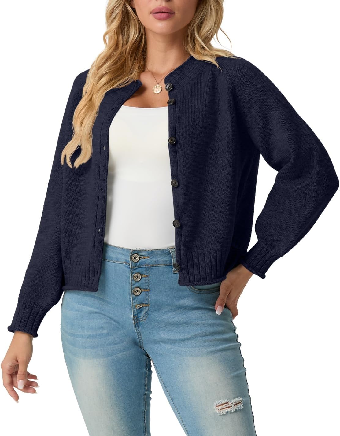 GRECERELLE Womens Cardigan Sweater Open Front Long Sleeve Crew Neck Button Down Knit Casual Jacket, S-2XL - Image 3