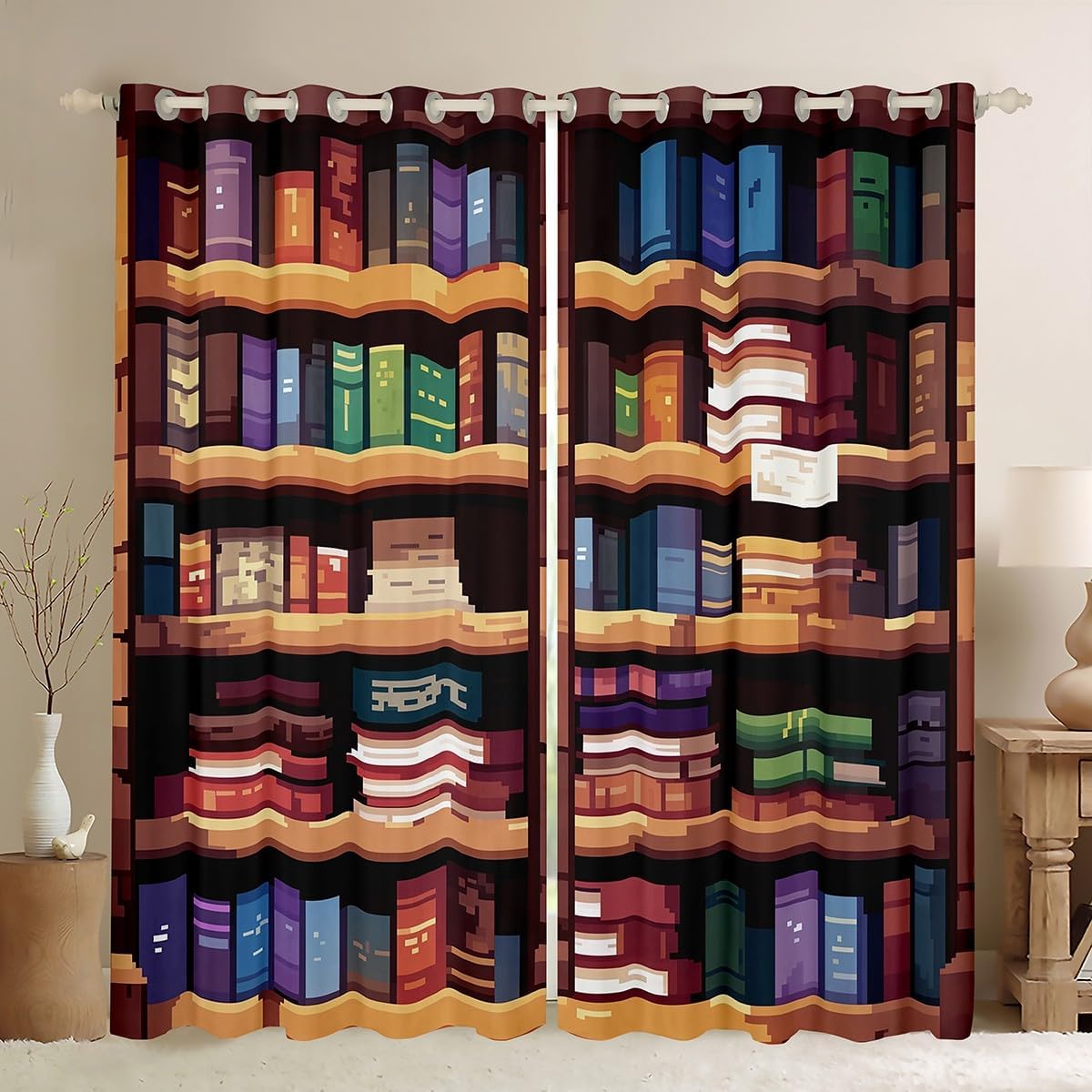 jejeloiu Bookshelf Curtain (2 Panels, 42 x 84 Inch) Kids Pixel Style Blackout Shades Cartoon Game Room Darkening Curtain Window Treatments,Microfiber