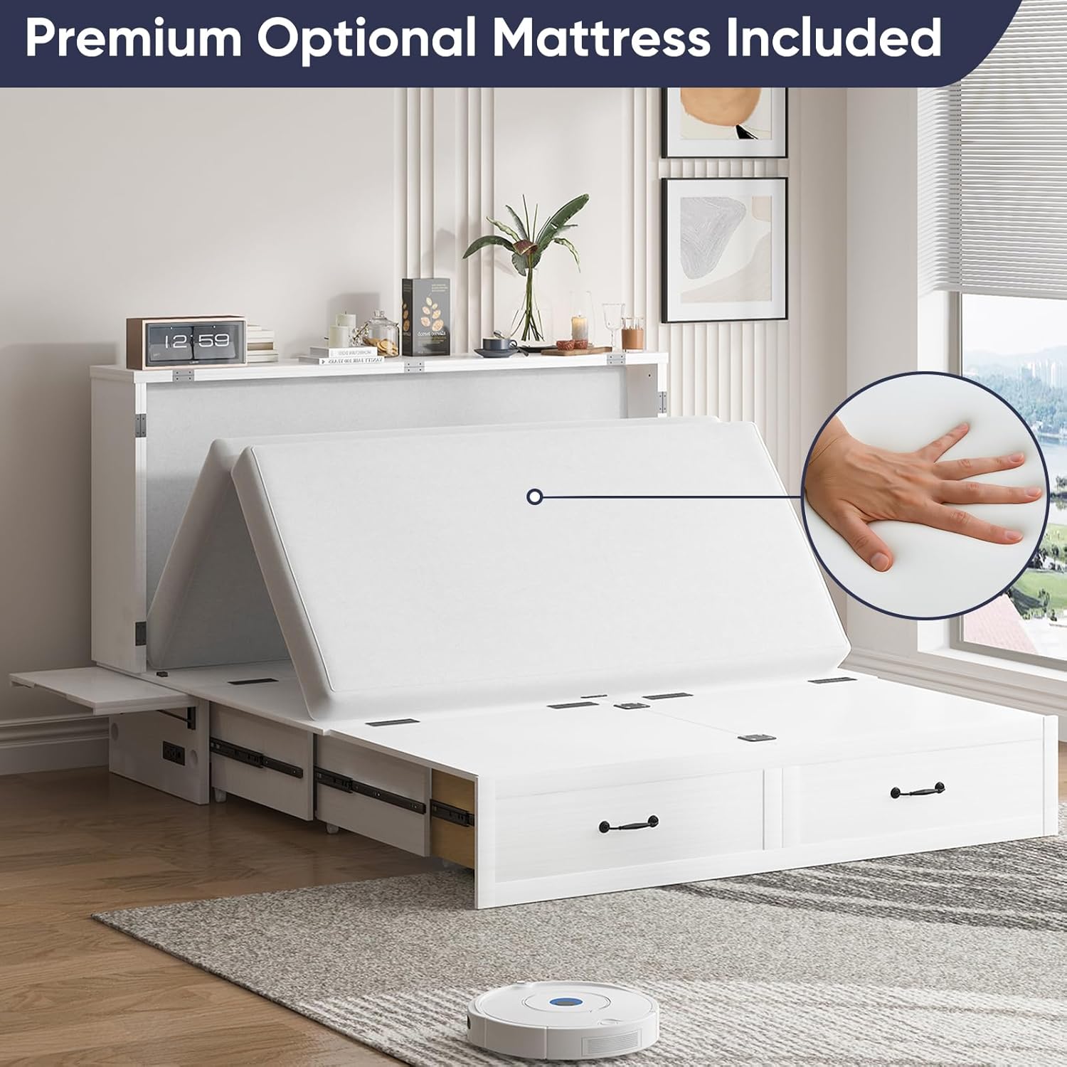 ijuicy Cube Murphy Bed Queen, Murphy Chest Cabinet Bed with 3 Level Foldable Memory Foam Mattress & 2 Large Drawers & Charging Station for Guests Room/Bedroom(White)