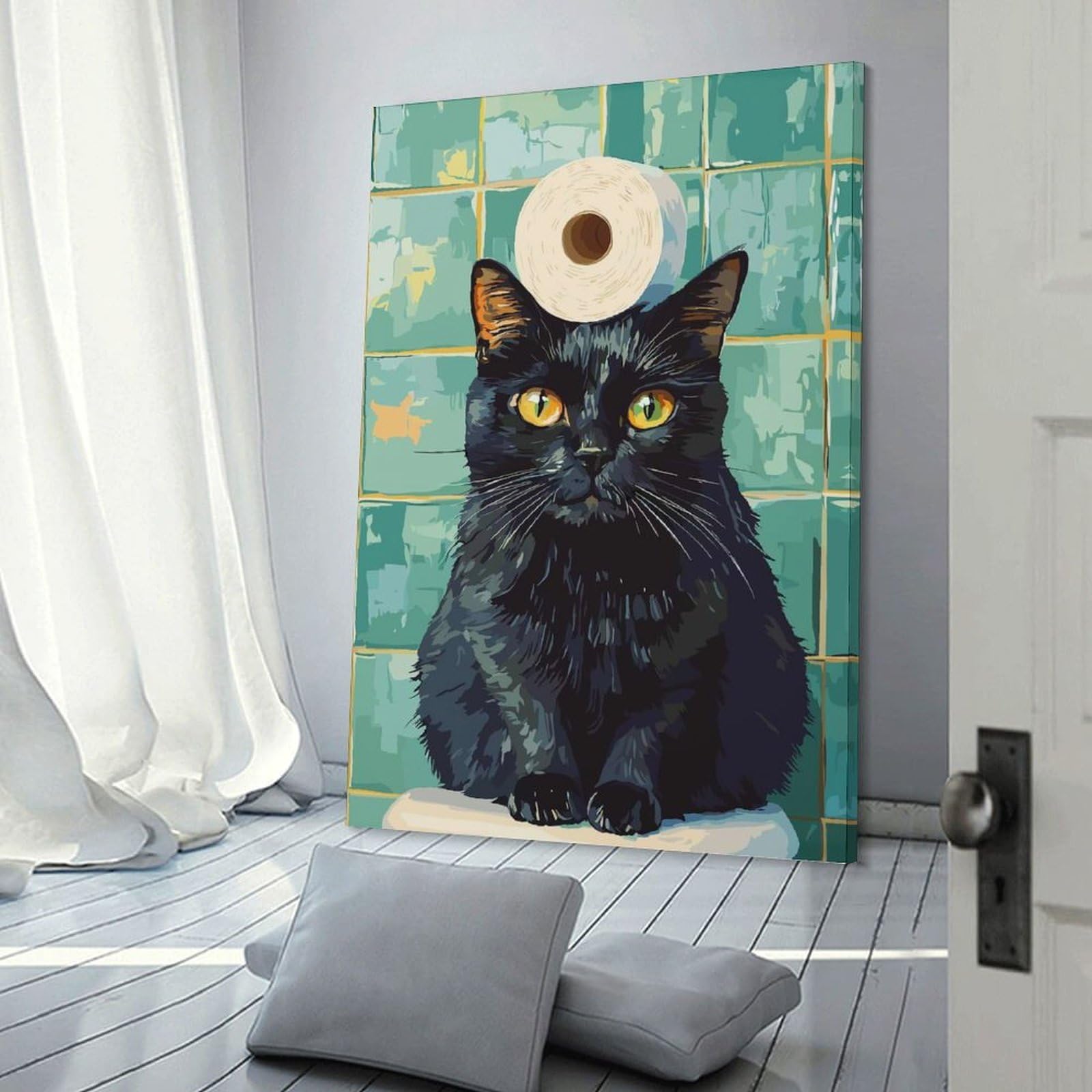 Junmoney Canvas Wall Art Black Cat with Toilet Paper Hat, 08x12inch(20x30cm), for New Homes, Bedrooms Or Workspaces, Canvas Artwork with Gifting Potential