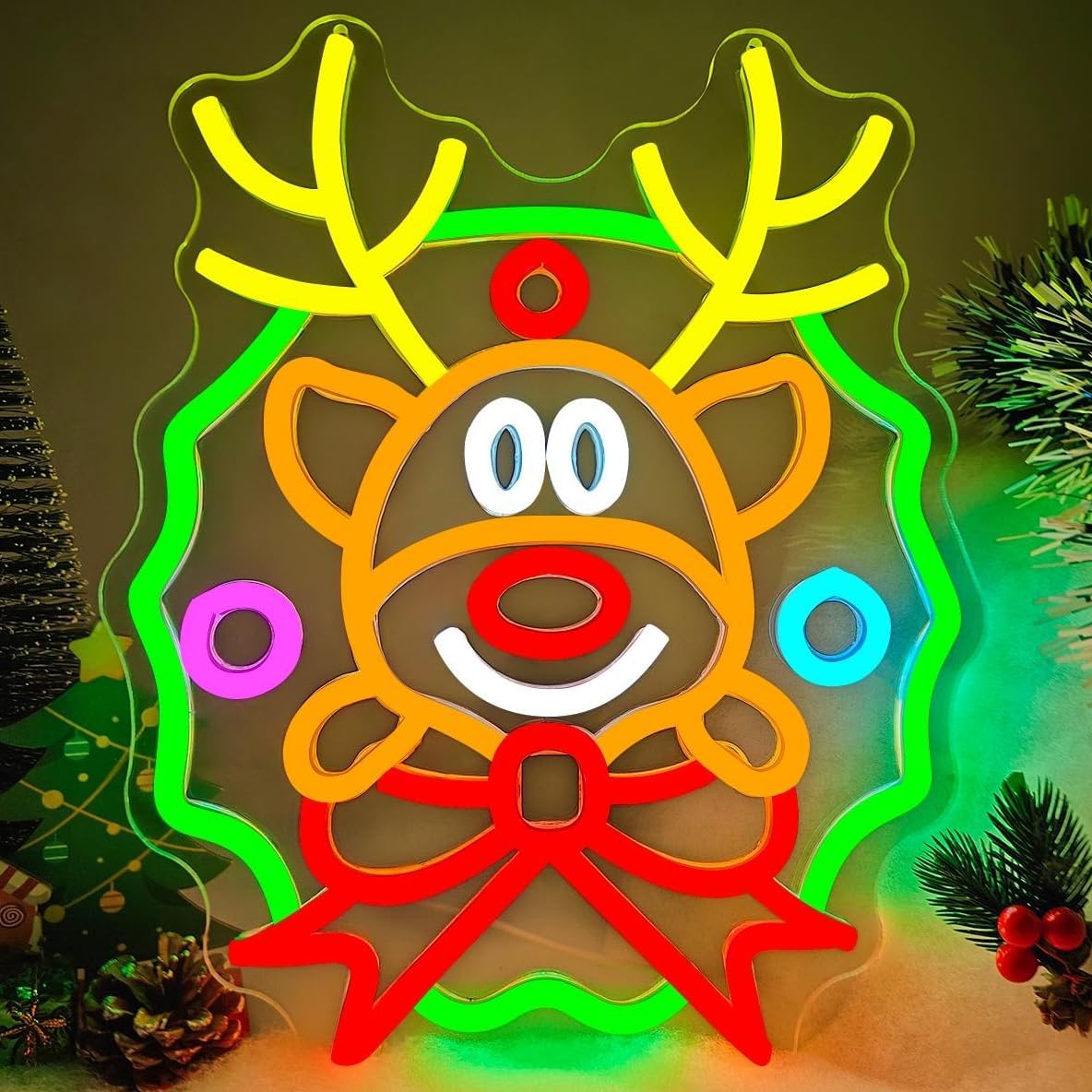 Christmas Neon Sign Wreath Elk Neon Sign for Wall Decor Deer Led Neon Christmas Lights Dimmable Reindeer Light Up Signs for Window Wall Art for Bedroom Festival Xmas Party Home Decoration Gift