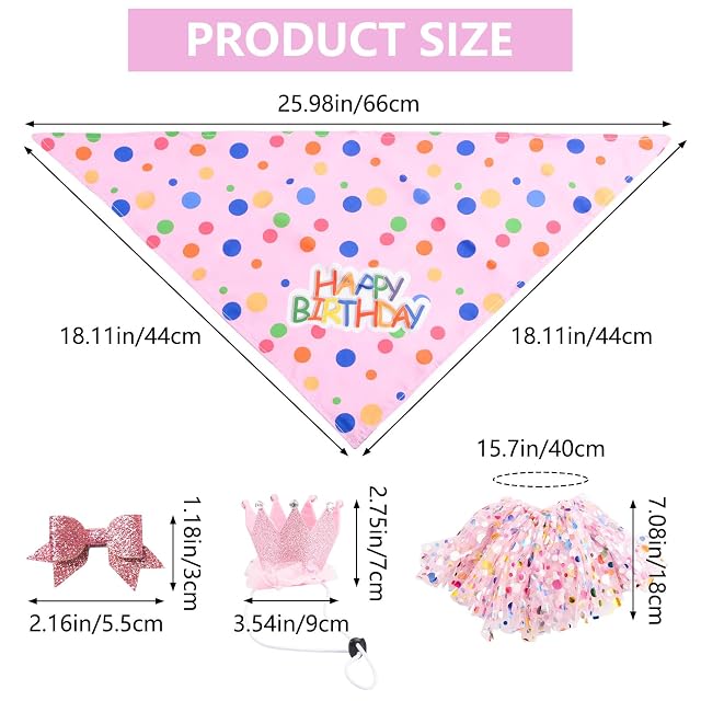 Foto 2 de 7 de URROMA 4 piezas de traje de cumpleaños para mascotas, bandana de para perro con sombrero y vestido