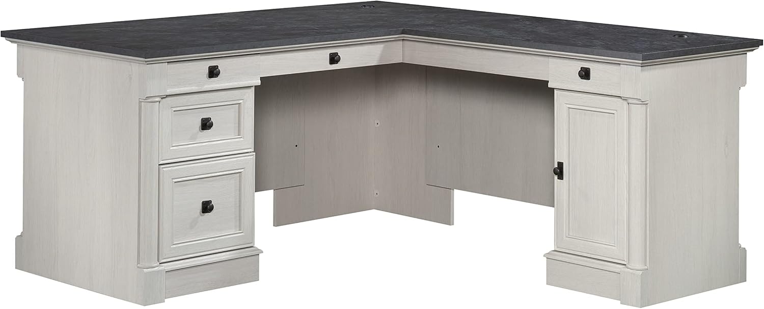 incomplete Sauder Palladia L Shaped Desk with Drawers, Office Desk with File Cabinet Storage, Cable Management, Keyboard Tray, in Glacier Oak Finish