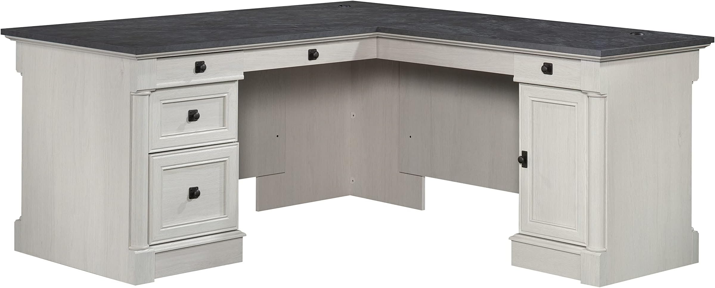 Palladia L Shaped Desk with Drawers, Office Desk with File Cabinet Storage, Cable Management, Keyboard Tray, in Glacier Oak Finish