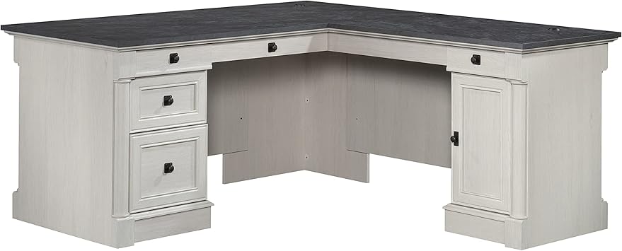 Sauder Palladia L Shaped Desk with Drawers, Office Desk with File Cabinet Storage, Cable Management, Keyboard Tray, in Glacier Oak Finish
