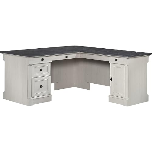 Sauder Palladia L Shaped Desk with Drawers, Office Desk with File Cabinet Storage, Cable Management, Keyboard Tray, in Glacier Oak Finish
