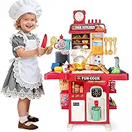Upgrade Toy Kitchen Set for Kids Toddlers Mini Kitchen Playset with Spray Sink & Realistic Lighting Pretend Cooking Toys for 3 4 5 Year Old Girls Boys Gifts (Red)