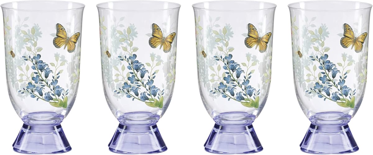 Butterfly Meadow Herbs Tall Glass Tumblers, Set of 4 | non-lead crystal, hand wash only | 6.25 inch height | floral glassware, drinking glasses | 16oz, gift for women