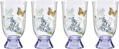 Butterfly Meadow Herbs Tall Glass Tumblers, Set of 4 | non-lead crystal, hand wash only | 6.25 inch height | floral glassware, drinking glasses | 16oz, gift for women
