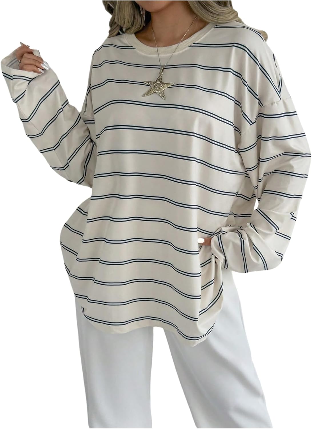 SOLY HUX Women's Striped Oversized T Shirts Crew Neck Long Sleeve Vintage Tees Dressy Casual Tops