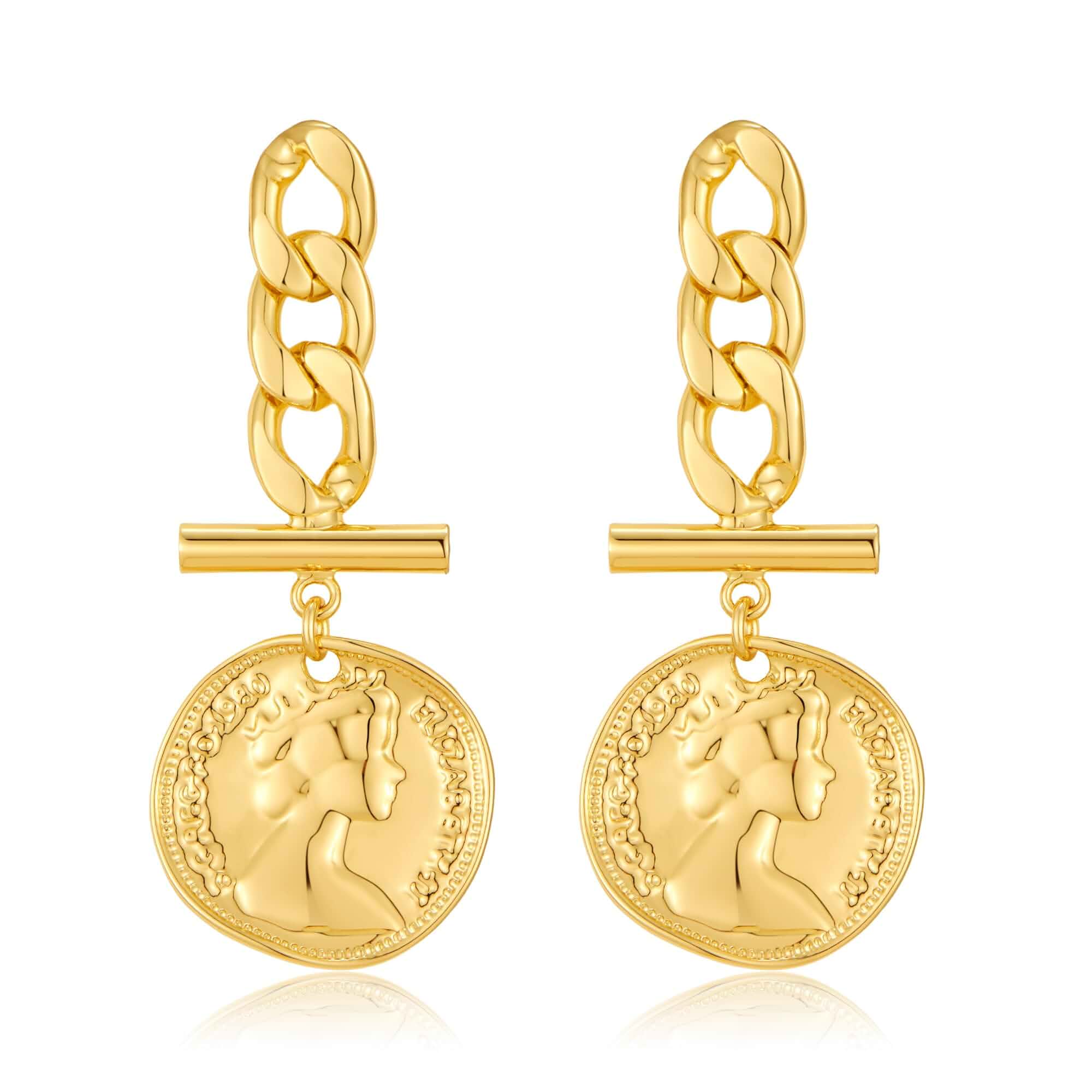 14K Gold Plated Coin Dangle Drop Earrings for Women Vintage Portrait Chunky Chain Charm Studs Earring, Trendy Boho Everyday Gold Jewelry Gift