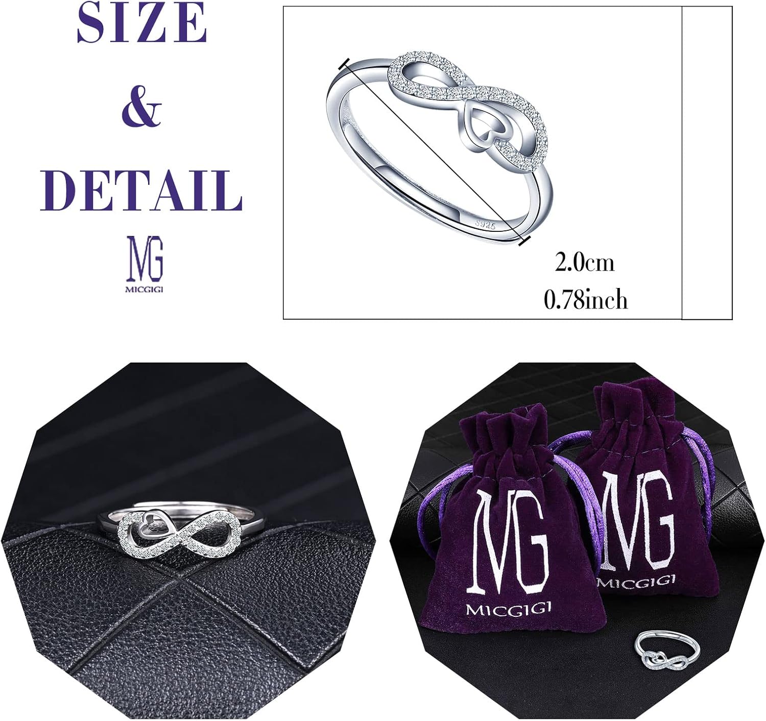 MICGIGI Women's 925 Sterling Silver Open Ring Infinity Symbol Love Adjustable Ring with Cubic Zirconia, 20mm - Image 3