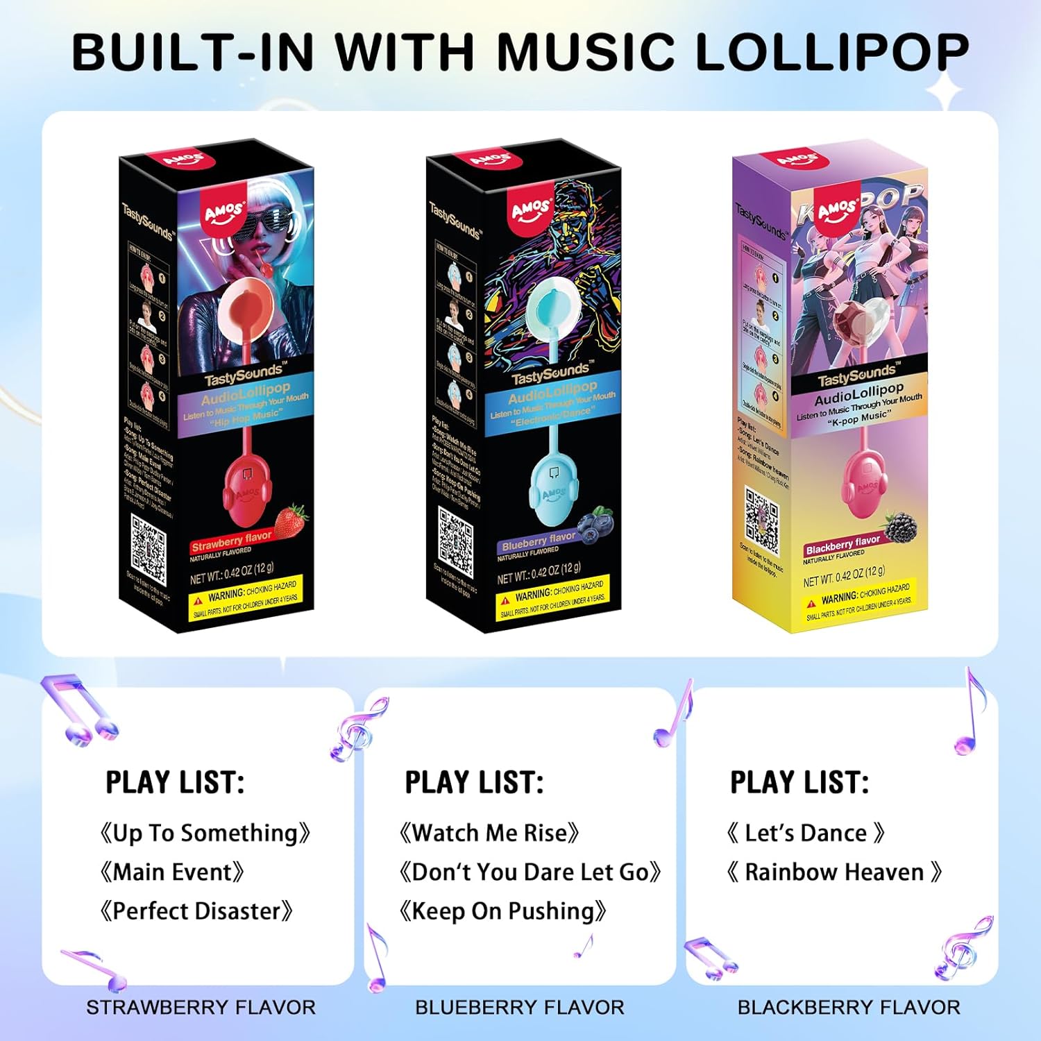 Amos TastySounds Music Lollipop Trio - Berry Orchard Variety Pack (Blueberry, Strawberry, Blackberry), Singing Suckers with Bone Conduction Tech, Unique for All Ages, 3 Count
