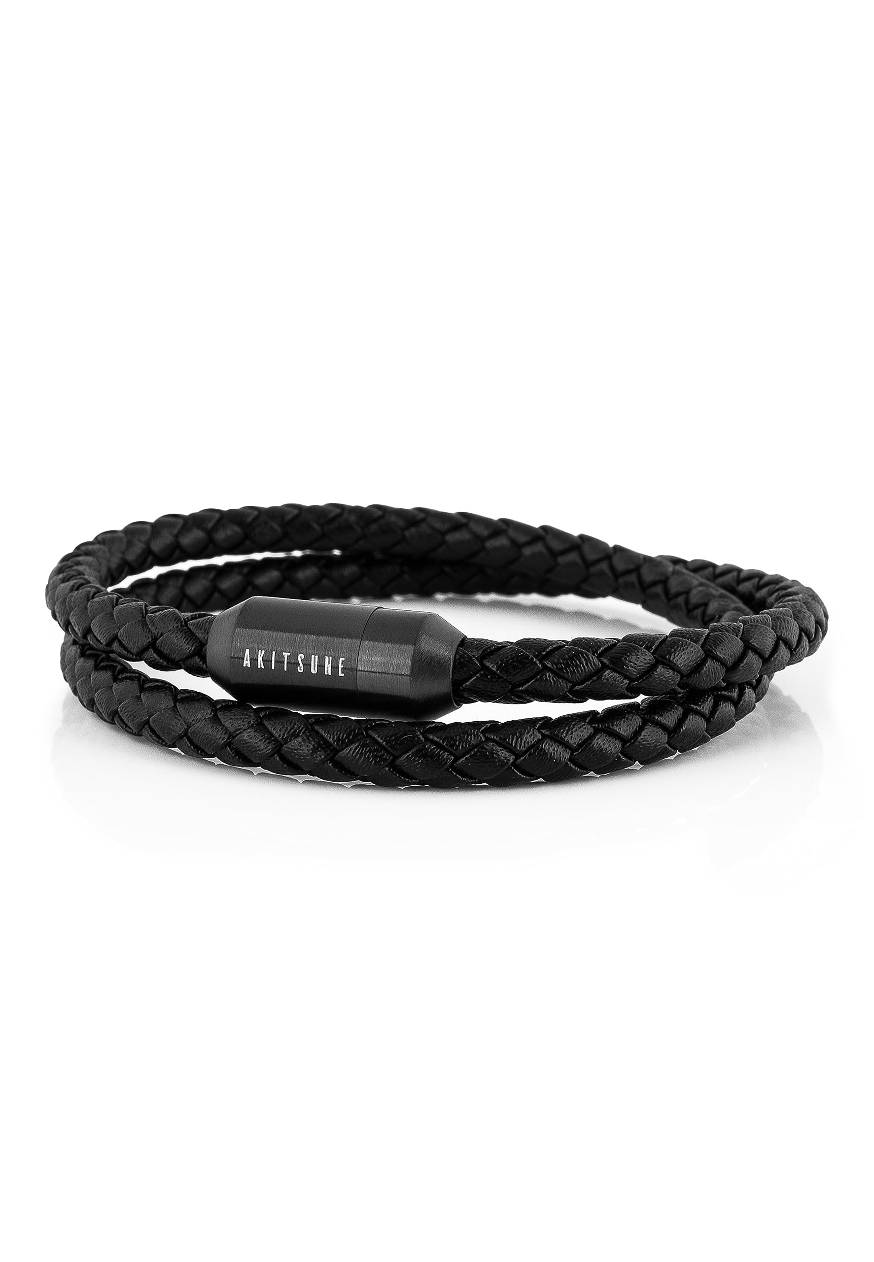 Akitsune Suprema Magnetisches Lederarmband | Armschmuck Damen Herren Edelstahl Doppelt Gewickelt Armband Mattschwarz