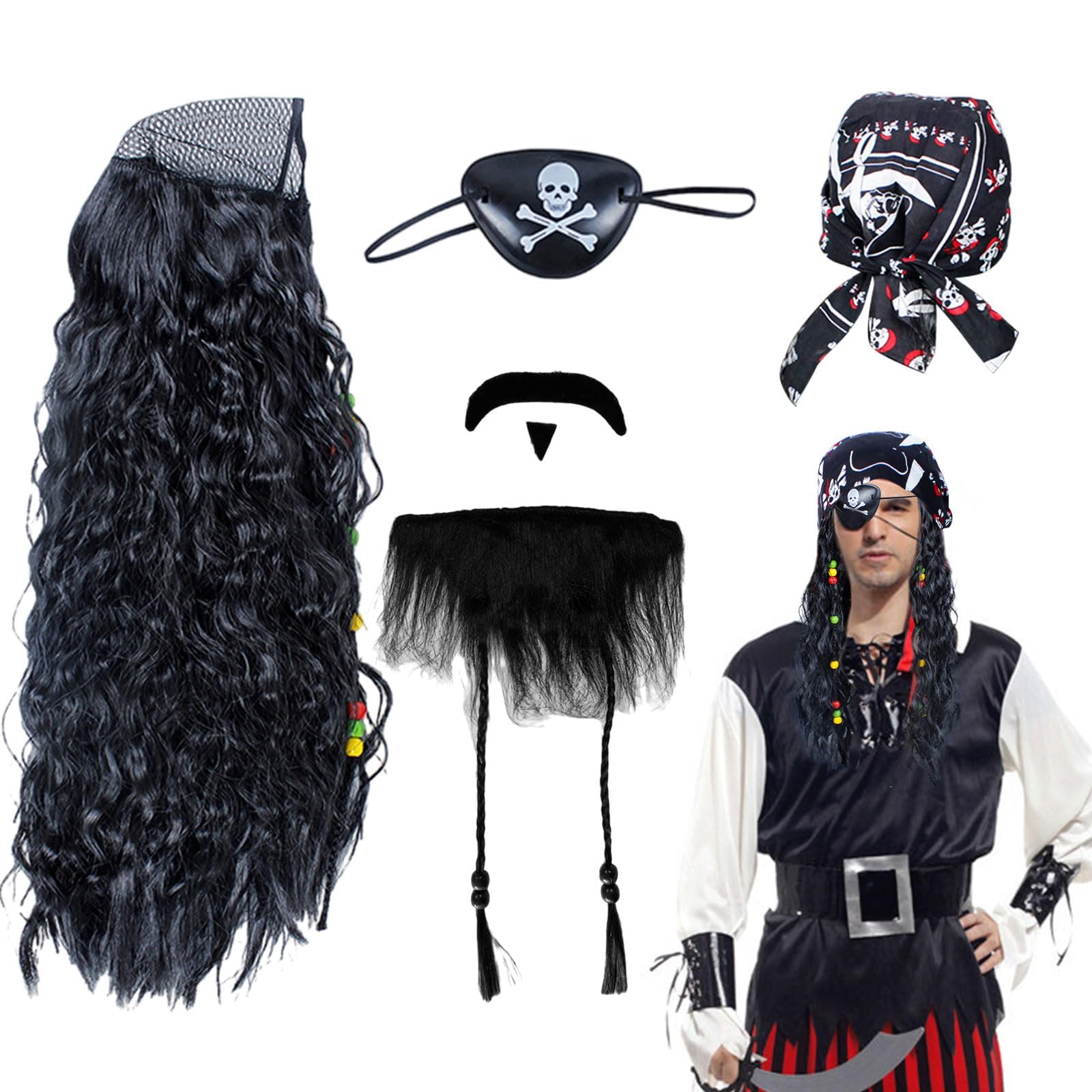 UILYNIU 4 Pcs Black Pirate Costume Set Captain Adult Pirate Wig Hat Beard Skull Eye Patch for Halloween Carnival Cosplay Party (4 Pcs)