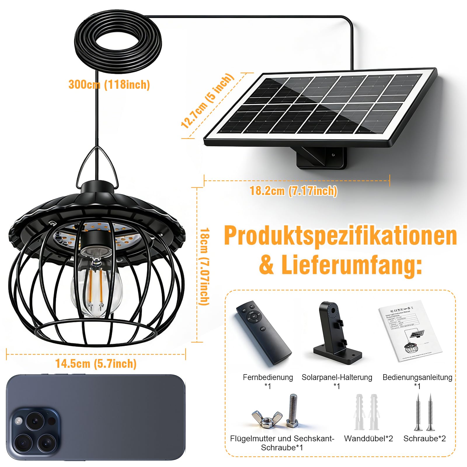 ChunHee Solar Hängelampe für Außen, 4400 mAh, IP65, geteiltes Design, Schnellladefunktion