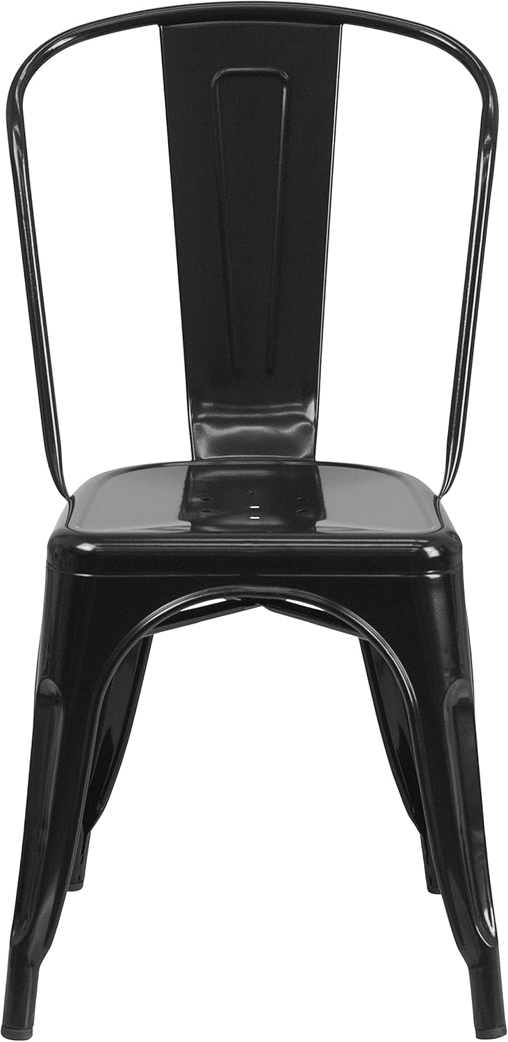EMMA + OLIVER Commercial 31.5" Square Black Metal Indoor-Outdoor Table Set-4 Stack Chairs