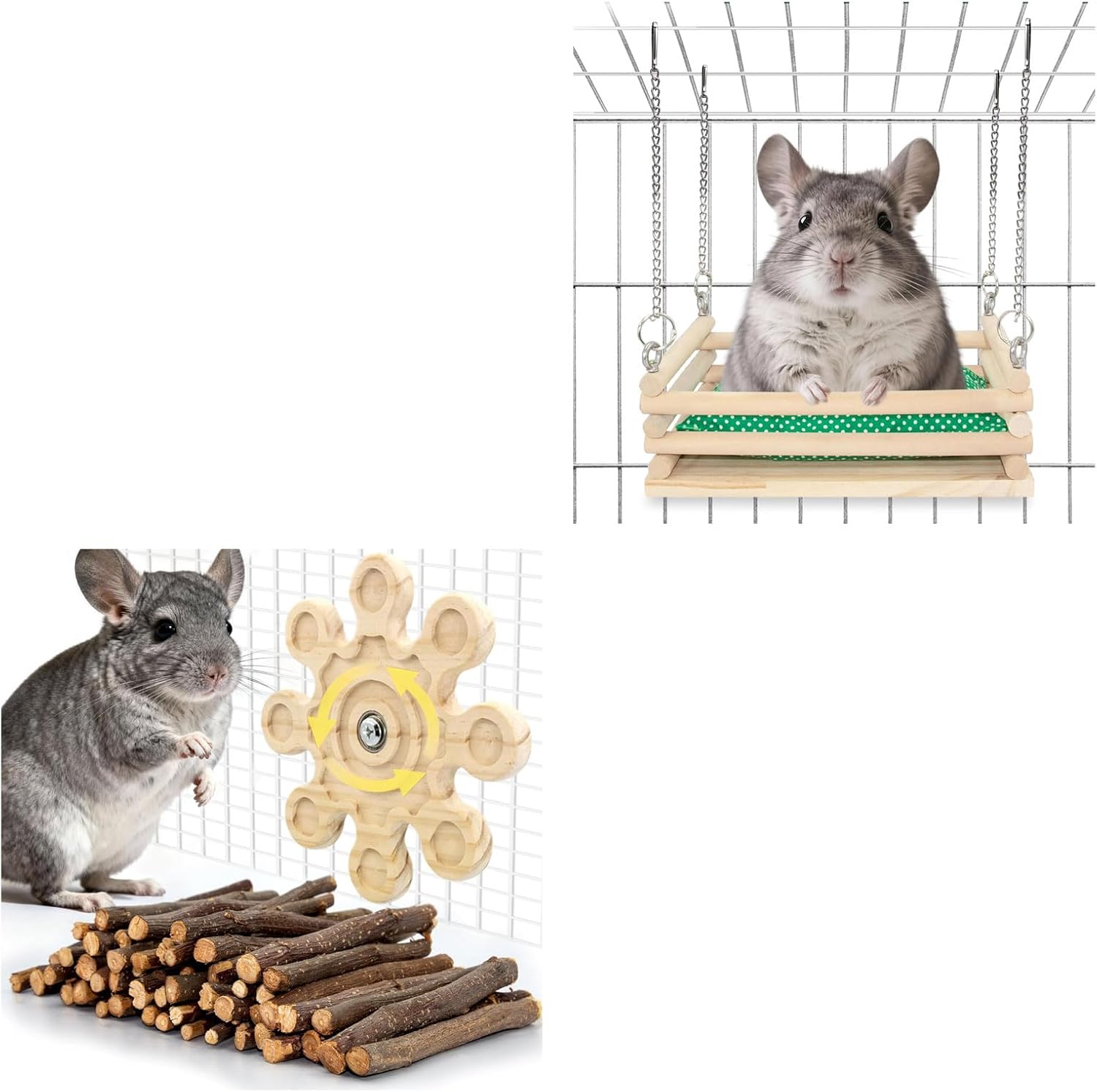 Wooden Chinchilla Hammock with Soft Mat and Rotating Chew Toys, Cage Swing, Bed Hanging and Organic Apple Sticks for Chinchilla Playtime, Teeth, Molar Treats and Habitat