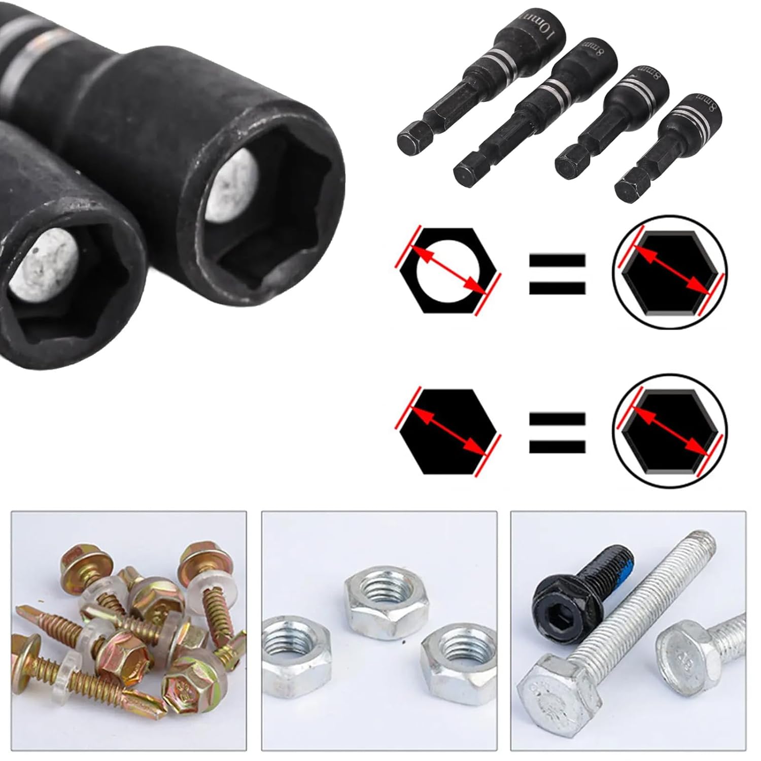 10 Pack Magnetic Nut Driver Set Power Nuts Driver Drill Bit Tools 10mm 8mm Hex Bolts to 1/4 Inch Drill Bit Shank Adapter for Metric Flange Bolt Cordless Driver Power Drill Electric Screwdriver