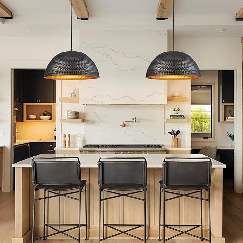 Miniatura 7 de Lámpara colgante martillada negra y dorada de 15.7 pulgadas, pantalla de cúpula de metal industrial, luces colgantes para isla de cocina, lámpara