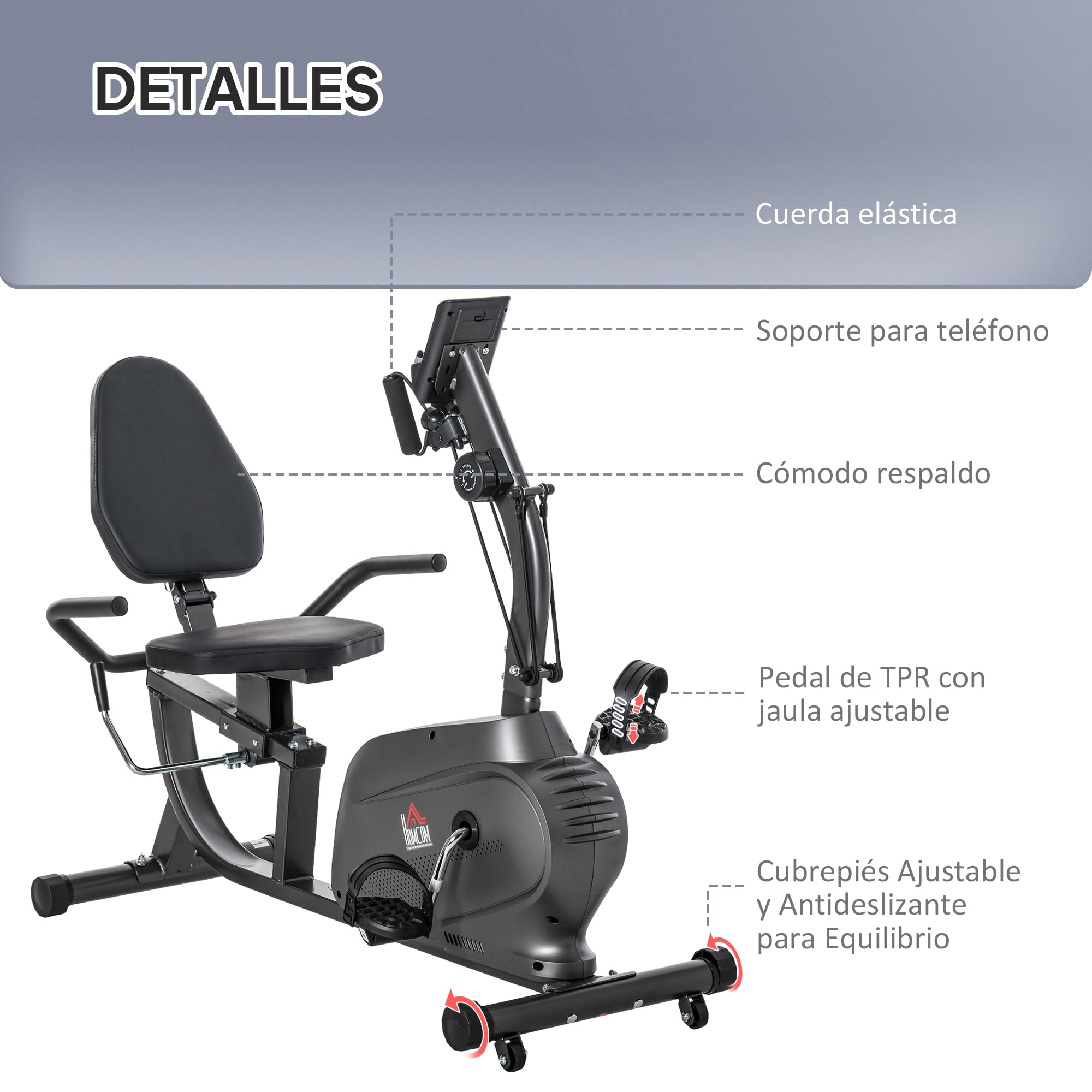 HOMCOM Bicicleta Estática con Respaldo 8 Niveles de Resistencia Volante | Bicicleta Estática Reclinadas, Asiento Ajustable, Pantalla LCD, Soporte Teléfono, Bandas, Ruedas, Entrenamientos Recuperación