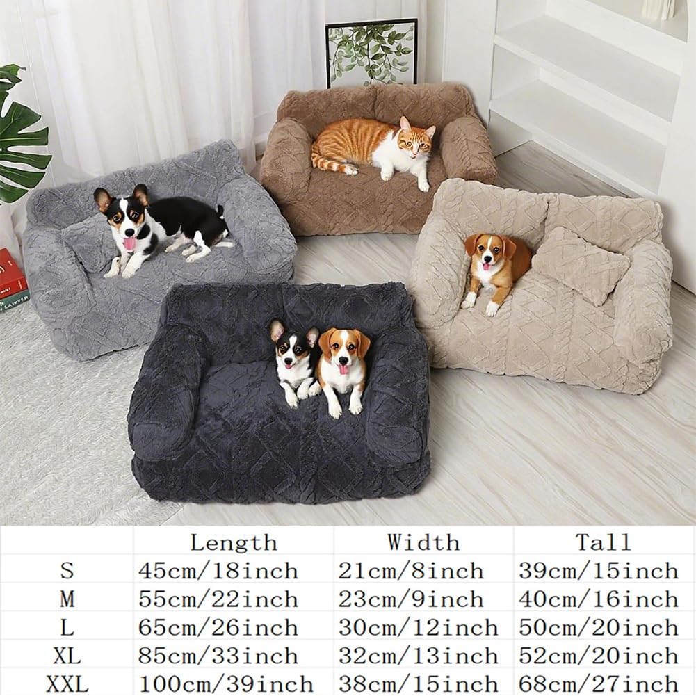 Plush Calming Pet Sofa Bed - Soft Fluffy Dog and Cat Couch Bed, with Removable and Machine Washable Cover, Non-Slip Bottom, 5 Sizes for Small Medium Large Pets, All-Season Comfor (Gray, Medium)