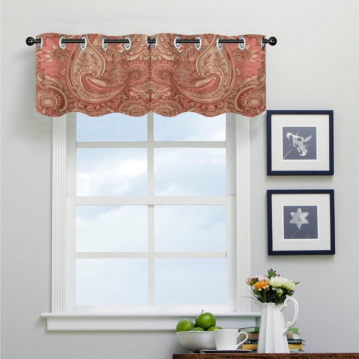 Red Paisley Pattern 2 Pack Valance Curtains Window Treatments. Adjustable Curtain with Rod Pocket.Cafe Curtains is Half Curtains for Privacy Decorative 52x18.1 Inch.