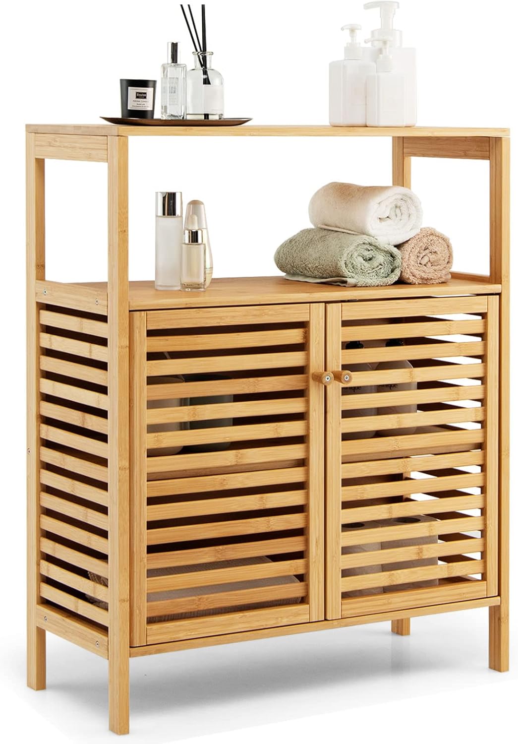 LDAILY LUARANE Storage Cabinet, Bamboo Cabinet w/ 2 Louvered Doors & Open Shelf, Bathroom Storage Cabinet for Living Room, Home Office, Kitchen, Natural