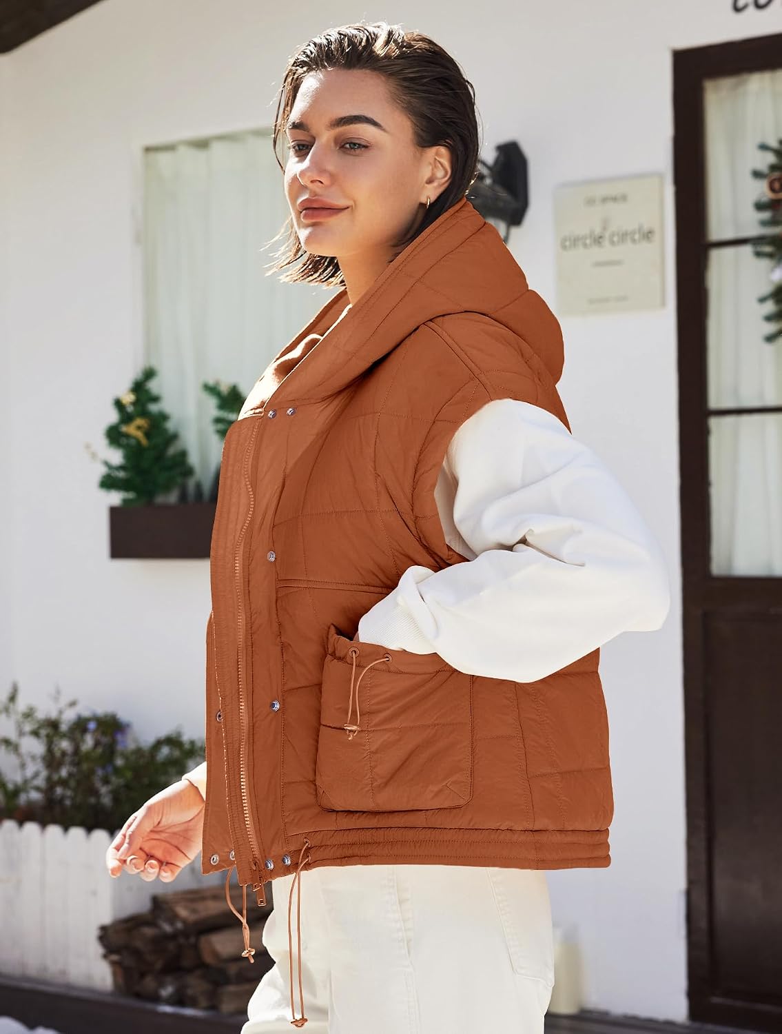 Nirovien Womens Oversized Puffer Vest Sleeveless Quilted Jackets Button Zip Up Hoodie Poncho Coats with Pockets