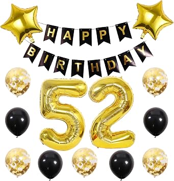 Chaungfu52 Birthday Party Supplies Gold Number 52 Foil Balloon Happy Birthday Banner Kit 52th Birthday Decoration Black Gold Latex Confetti Balloon Foil Star Balloon Great Gift for Girls Boys Birthday