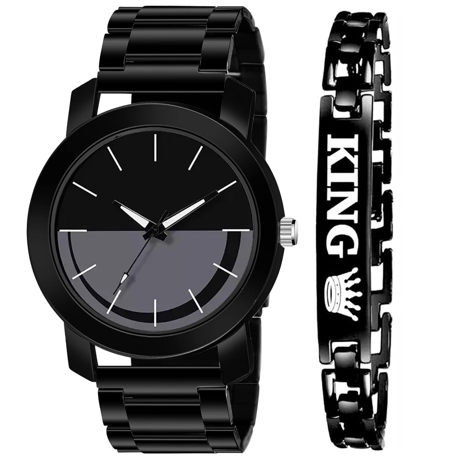 Analog Dial Black Metal Strap Watch Series Men’s Watch with King Bracelet for Mens and Boys