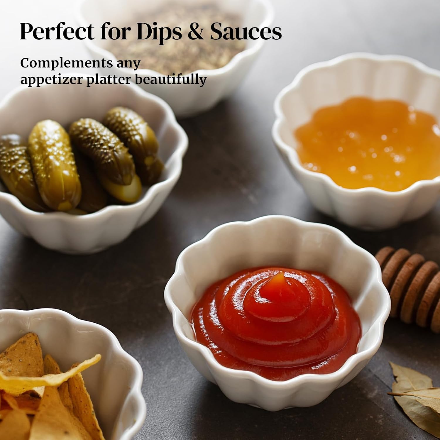 DOWAN Porcelain Ramekins - Oven Safe Serving Bowls for Souffle, Creme Brulee and Dipping Sauces, Flower Shape Ramekins for Baking (4OZ, White)
