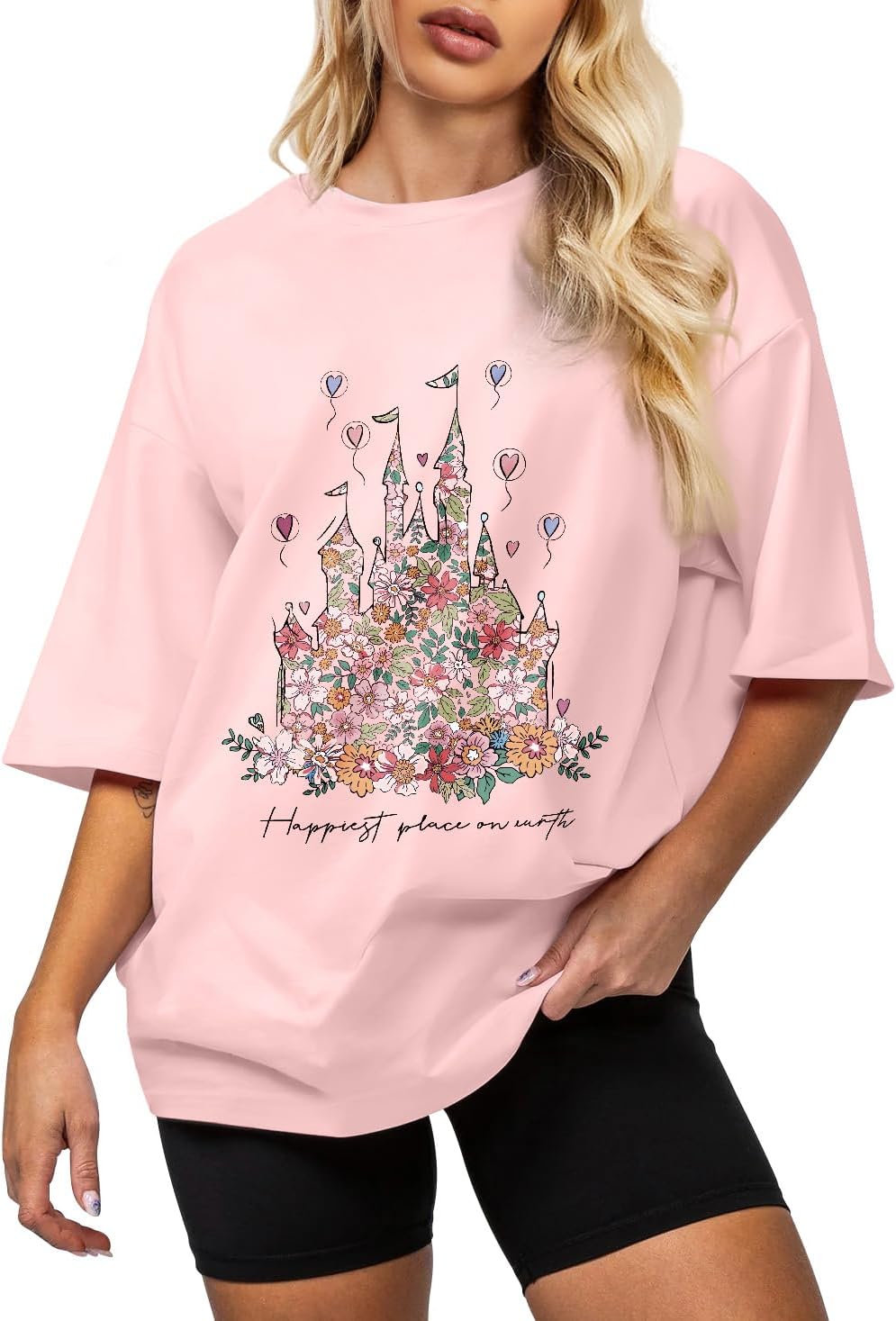 Flafens Oversized Tshirts for Women - Graphic T Shirt Loose Tees Crewneck Sleeve Top Cute Fashion Summer Pattern Print Tops