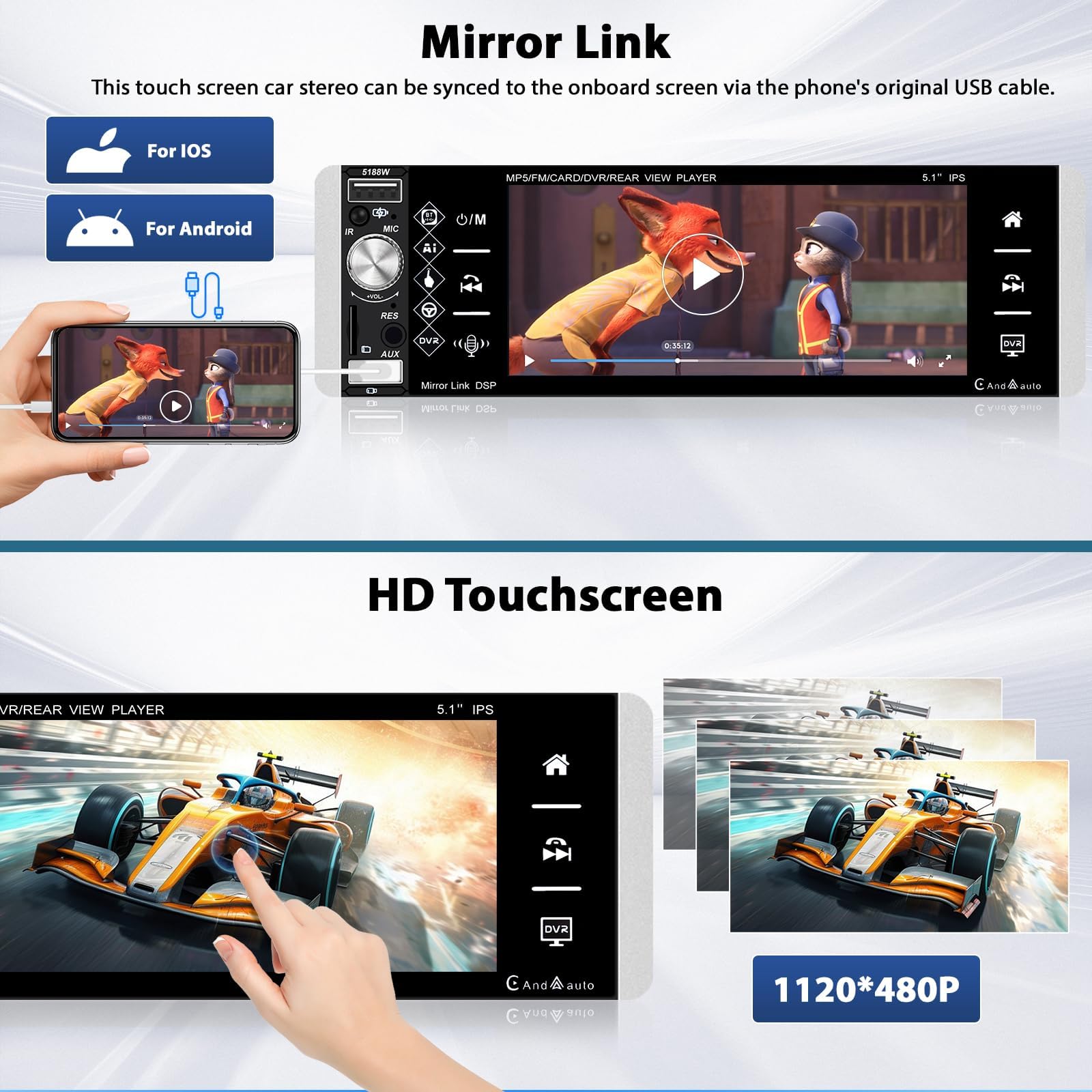 Inefala Pantalla Radio Coche 1 DIN con Carplay inalámbrico y Android Auto, Pantalla de 5,1 Pulgadas con Bluetooth, Mirror Link, Compatible con FM RDS, EQ, USB/AUX/TF, cámara de visión Trasera