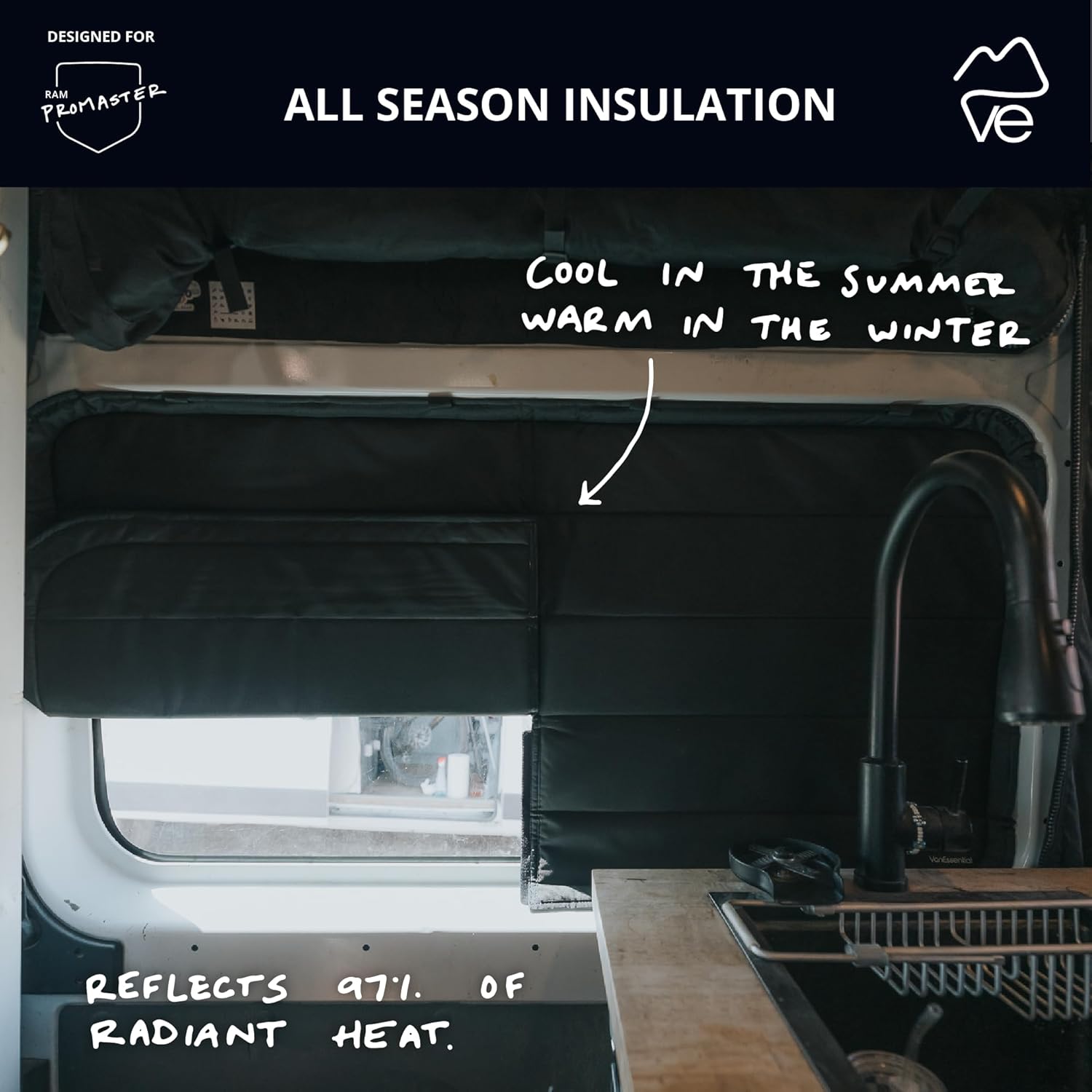 VanEssential Insulated Stealth Blackout Sliding Door Window Cover Designed for RAM Promaster with Bare Metal Window Frame Van Years 2014 to Current Model - Black