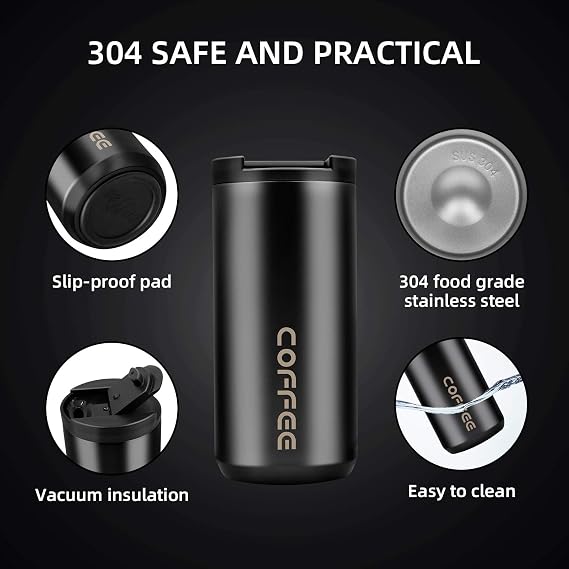 Travel Mug, Double Walled Coffee Cup 350ml Vacuum Insulation Stainless Steel with Leakproof Lid Eco-Friendly, for Hot and Cold Water Coffee and Tea