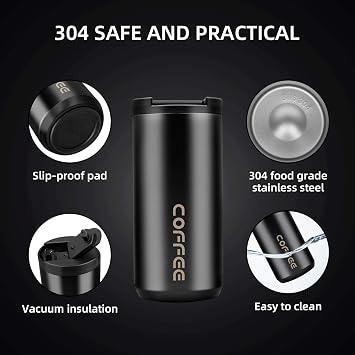 Travel Mug, Double Walled Coffee Cup 350ml Vacuum Insulation Stainless Steel with Leakproof Lid Eco-Friendly, for Hot and Cold Water Coffee and Tea