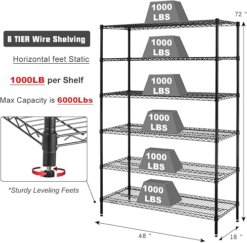 Miniatura 2 de Estantería de alambre resistente de 6 niveles, capacidad de 6000 libras, estante de almacenamiento de metal NSF ajustable con ruedas, 48 pulgadas de